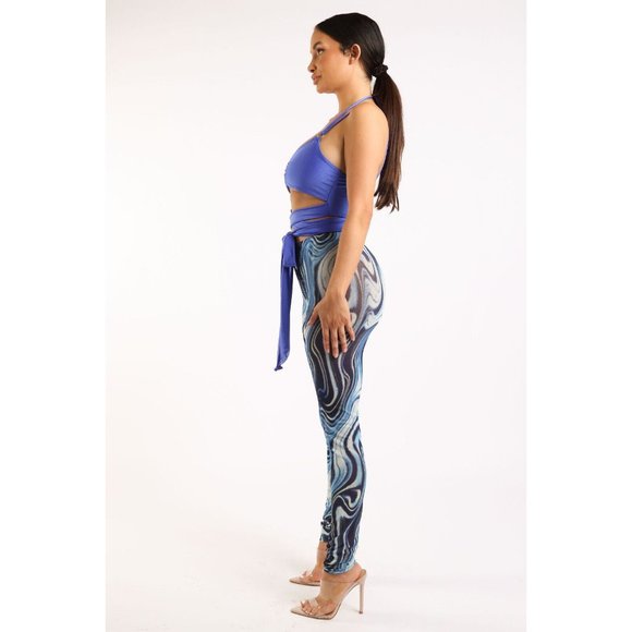 Women's Strappy Top and Print Mesh Leggings Set O Ring 2 Piece Outfits Clubwear - Picture 8 of 11